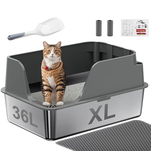 Katzenklo Edelstahl XL für Große|Hoher Rand Katzen klo–Anti-Auslauf, Geruchsfrei & Leicht zu Reinigen Ellenpent Katzentoilette Offen mit Schaufel, 2 Stück Müllbeuteln, Matte & Sticker (Grau) von Ellenpent