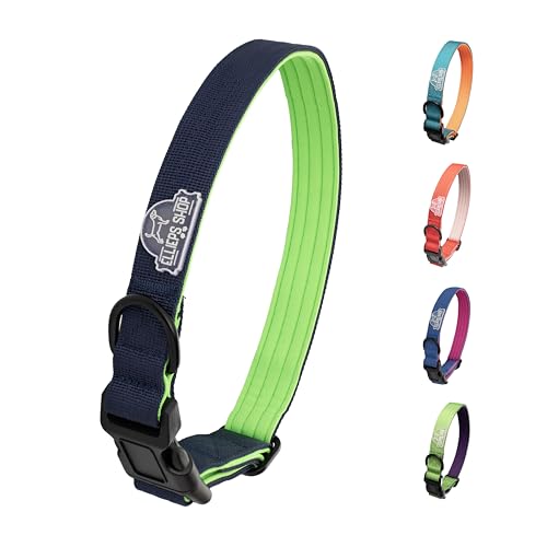Ellieps Shop Strapazierfähiges Hundehalsband, 2,5 cm / 3,8 cm breit, Premium-Nylon-Halsband mit weicher Neopren-Polsterung, verstellbar, für kleine, mittelgroße und große Rassen (Jeansblau/Neongrün, von Ellieps Shop