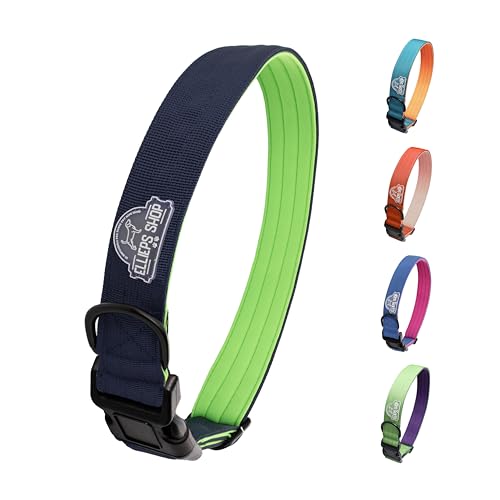Ellieps Shop Strapazierfähiges Hundehalsband, 2,5 cm / 3,8 cm breit, Premium-Nylon-Halsband mit weicher Neopren-Polsterung, verstellbar, für kleine, mittelgroße und große Rassen (Jeansblau/Neongrün, von Ellieps Shop
