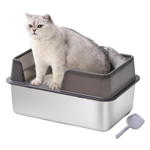 Edelstahl Katzenklo,19,7 X 13,8 X 9,8 Zoll Oben offen Hohe Seite Stainless Steel Litter Box, Katzentoilette aus Metall für Mehrere Katzen und Große Katzen (großes Schwarz) von Elprico