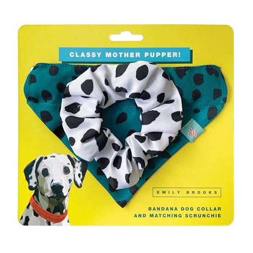 Emily Brooks Hundehalsband mit Bandana und passendem Kratzer, Dalmatiner-Punktdruck, Canvas, Unisex, Grün, Small, Inkl. passendes Haargummi für Besitzer, Verstellbar 30-39 cm von Emily Brooks