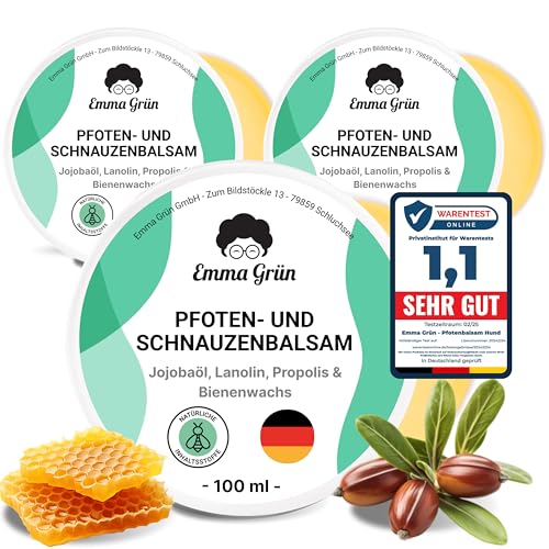 Emma Grün® Pfotenbalsam 3X 100ml - Regeneriert & Stärkt Rissige Tiernasen & Pfoten - Mit Jojoba, Propolis & Bienenwachs - Natürlicher Pfotenschutz & Pfotenpflege - Hundepfoten Balsam Made in Germany von Emma Grün
