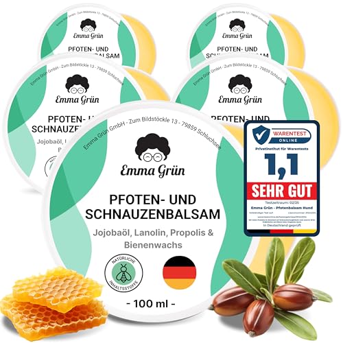 Emma Grün® Pfotenbalsam 5X 100ml - Regeneriert & Stärkt Rissige Tiernasen & Pfoten - Mit Jojoba, Propolis & Bienenwachs - Natürlicher Pfotenschutz & Pfotenpflege - Hundepfoten Balsam Made in Germany von Emma Grün