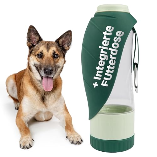 emmi-pet 2in1 Hundetrinkflasche für unterwegs, 600ml mit 150ml Futterbeutel, auslaufsicherer Wasserflasche Ink. Aluminiumkarabiner, tragbare Trinkflasche to go für kleine & große Hunde von Emmi-pet