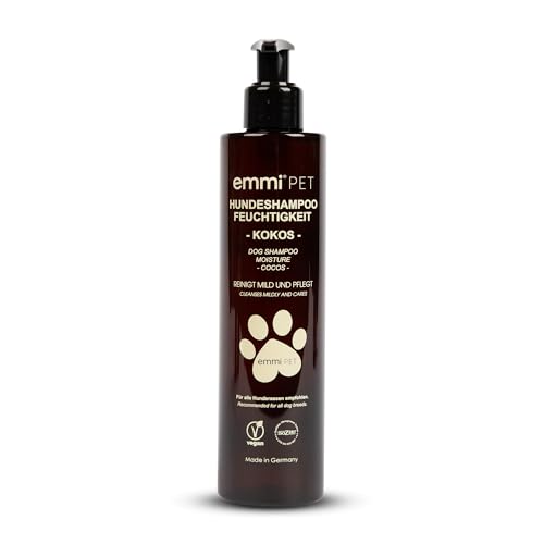 emmi-pet Hundeshampoo Feuchtigkeit Cocos 250 ml – sanfte Hydro-Fellpflege mit Kokos, entfernt Milbenkot & Pilzsporen, feuchtigkeitsspendend & pflegend, für empfindliche Hundehaut - für Glanz von Emmi-pet