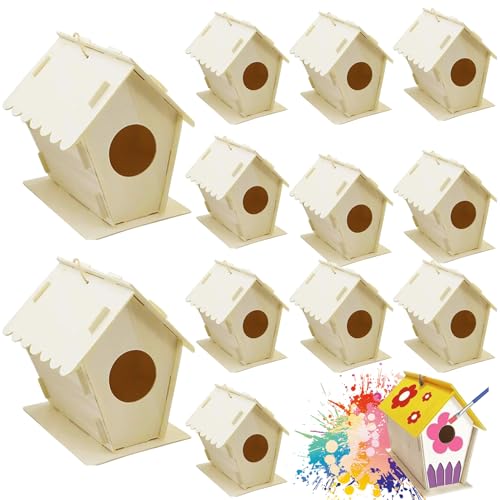 12pcs Vogelhaus, DIY unbemalte Holzvogelhäuser mit rundem Loch und hängende Haken, Exquisite kleine Gebäude für Garten oder Raumdekoration im Freien für draußen 12pcs Vogelhaus, DIY unbemalte Holzvogelhäuser mit rundem Loch und hängende Haken, Exquisite kleine Gebäude für Garten oder Raumdekoration im Freien für draußen von Enbebamd