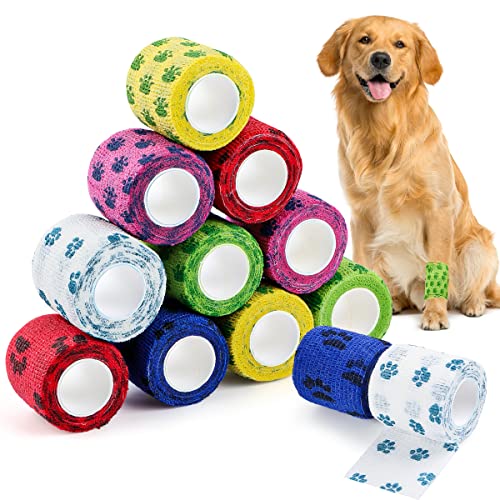 Encuryna Selbsthaftender Verband Hund, 12 Rollen Selbstklebende Bandage, Elastisch Pfotenschutz Kohäsive Haftbandage, Tierarzt Bandage für Menschen Haustiere Hunde Katzen Pferde (5 cm x 4,5 m) von Encuryna