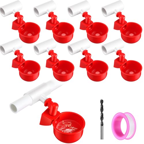 Hühner-Bewässerungsbecher, 6 Stück, große Hühner-Bewässerungsbecher und PVC-T-Armaturen, automatisches Geflügel-Bewässerungsset mit Bohrer und Dichtungsband, kein Auslaufen, Wasserspender für Küken von Enhon