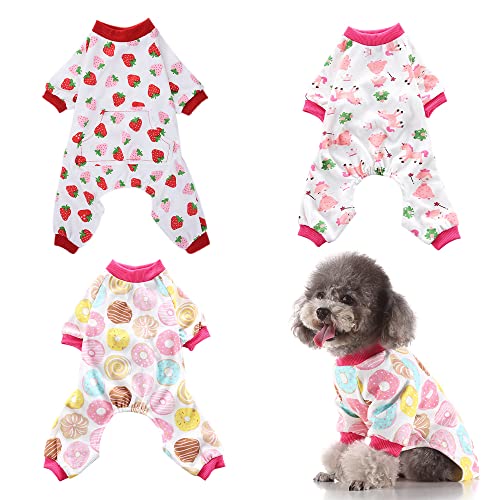 Enipoly Haustier Pyjama für kleine Hunde und Katzen, Einteiliges Baumwoll-Jersey-Hemd gemütlicher Einteiler Jumpsuit (3er Pack), Medium, Erdbeere | Donut | Einhorn von Enipoly