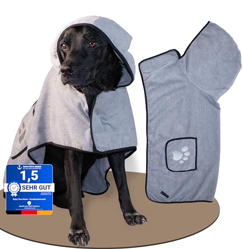 Enjoy-your-Home Hundebademantel für mittelgroße, Hunde Farbe Grau. Saugfähig & Schnelltrocknend mit Klettverschluss, Kapuze und Taschen. Ideales Zubehör für Labrador, Golden Retriever etc. von Enjoy Your Home