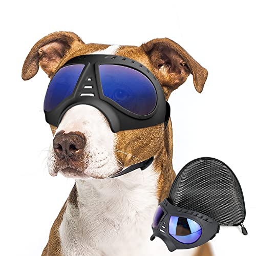 Enjoying Große Hundebrille, Anti-UV-Hundesonnenbrille, Weiche Haustier-Motorradbrille, Beschlagfrei, Winddicht, Bruchsicher, Hundebrille für Große bis Mittelgroße Hunde, Klares Blau von Enjoying