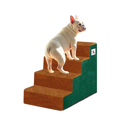 Enjoying Hundetreppe für Kleine Hunde, 4 Stufen Haustiertreppe Geeignet für Kleine Hunde mit Kurzen Beinen, Katzen, Selbstmontage, Waschbarer Stoffbezug, Braun/Grün von Enjoying