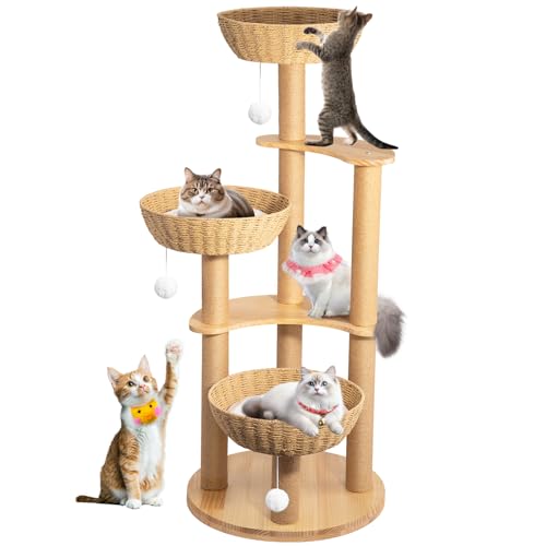 Enrienn Moderner Katzenbaum Turm, Eichenholz Katzenbaum für große Katzen mit 3 Weben Katzennestern, Mehrstufige Katzenhütte mit 8 Kratzbäumen für Indoor-Katzen, Katzenmöbel Aktivitätszentrum von Enrienn