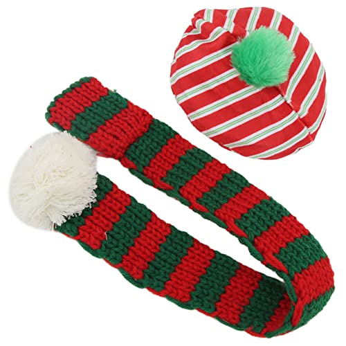 Hunde-Strickmützen-Set, einfach zu tragen entzückende schöne gestreifte Form Haustierschal-Set Hautfreundlicher Plüsch + Haarball warm mit Plüschball für Weihnachten(Rot+Grün, S) von Entatial
