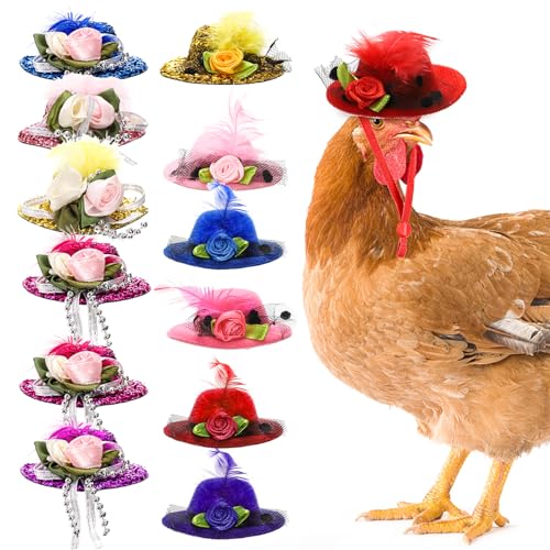 Eorbow 12 Stück Hühnerhüte, Mini-Hüte mit Federn, lustiger kleiner Hut, kleine Haustiermütze für Hühner, Halloween, Huhn, Zubehör, Show-Kostüm für Hahn, Ente, Hamster, Papagei, Vogel, Geflügel, von Eorbow