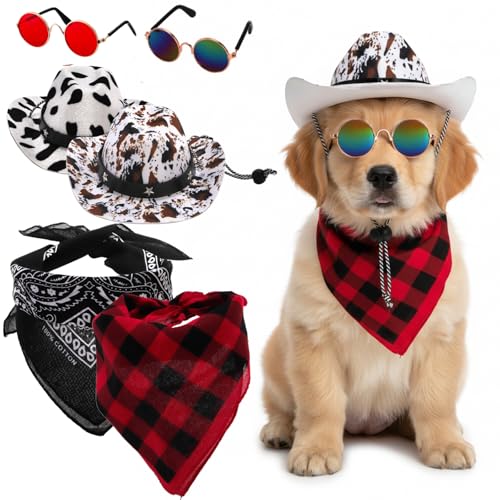 Eorbow Cowboy-Kostüm für Hunde, 6 Stück, für Halloween, 2 verstellbare Katzenhüte mit 2 Bandana-Schals und 2 Sonnenbrillen, West Cowboy, Cosplay, Party-Zubehör für kleine Hunde und Katzen Eorbow Cowboy-Kostüm für Hunde, 6 Stück, für Halloween, 2 verstellbare Katzenhüte mit 2 Bandana-Schals und 2 Sonnenbrillen, West Cowboy, Cosplay, Party-Zubehör für kleine Hunde und Katzen von Eorbow