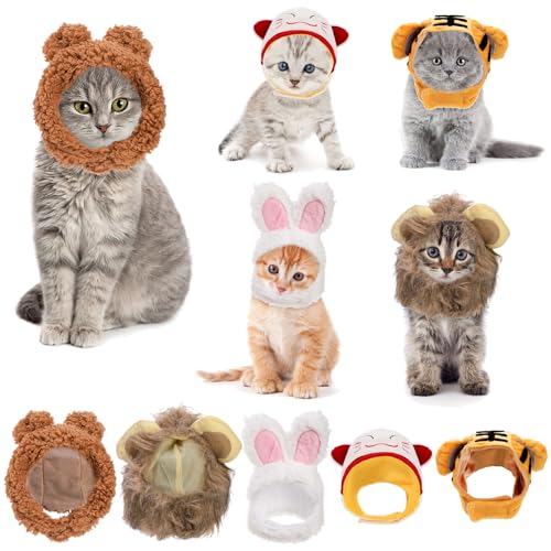 Eorbow Katzenkostüm-Hüte, niedlicher Hasenbär-Hut mit Ohren, lustige Mähne, Löwe, Tiger, weiche Kappe, Party-Kopfbedeckung, Zubehör für kleine Welpen, Hunde, Kätzchen, 5 Stück von Eorbow