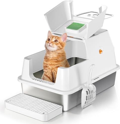XXL Edelstahl Katzenklo mit Deckel, 180° Flip-Oben XXL Katzentoilette, Große Katzentoilette aus Edelstahl, Geschlossen Katzenklo Katzen WC, Auslaufsicher und Leicht zu Reinigen - Weiß XXL Edelstahl Katzenklo mit Deckel, 180° Flip-Oben XXL Katzentoilette, Große Katzentoilette aus Edelstahl, Geschlossen Katzenklo Katzen WC, Auslaufsicher und Leicht zu Reinigen - Weiß von Eosarcu