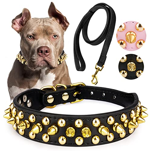 Epesiri Goldenes Spike Halsband für Hunde, Goldkette Hundehalsband, Spiked Hundehalsband, strapazierfähiges PU-Leder Nieten-Hundehalsband mit Leine, lustige Pilze, verstellbares Halsband, Schwarz XL von Epesiri