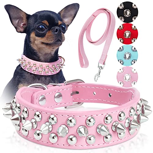 Epesiri Hundehalsband, Spike-Halsband für Hunde, strapazierfähiges PU-Leder, Nieten-Hundehalsband mit Leine, lustige Pilze, Nieten, kleine Welpen, Haustier, Katzen, bestes Geschenk, rosa XS von Epesiri