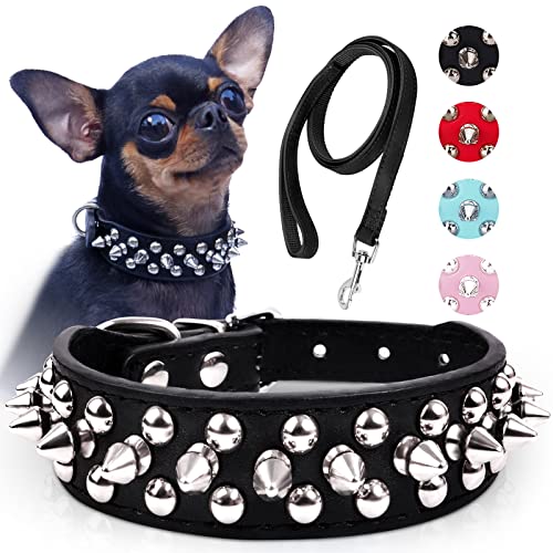 Epesiri Hundehalsband, Spike-Halsband für Hunde, strapazierfähiges PU-Leder, Nieten-Hundehalsband mit Leine, lustige Pilze, Nieten, kleine Welpen, Hundehalsbänder, bestes Geschenk, schwarz XS von Epesiri