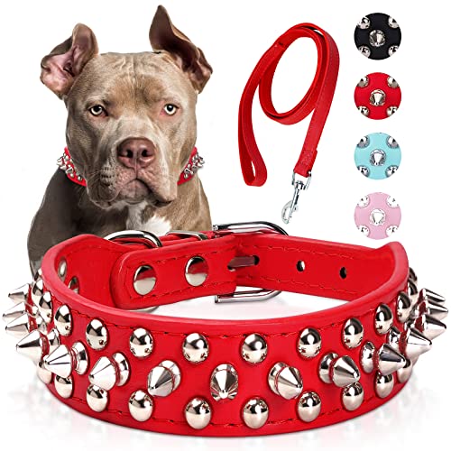Epesiri Nieten-Leder-Hundehalsband mit Leine, Nieten, PU-Leder-Hundehalsbänder für Pit Bull, mittelgroße und große Rassen, bestes Geschenk für Haustiernietenhalsband von Epesiri