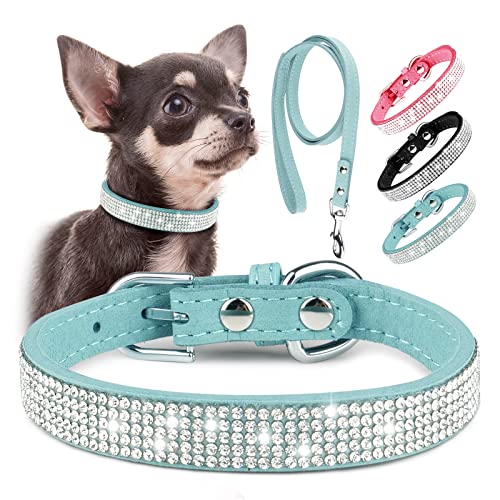 Epesiri Strass-Hundehalsband, glitzerndes Hundehalsband mit Leine, strapazierfähiges Leder, Welpenhalsband, Kristalldiamant-Haustierhalsband für XS, Blau von Epesiri