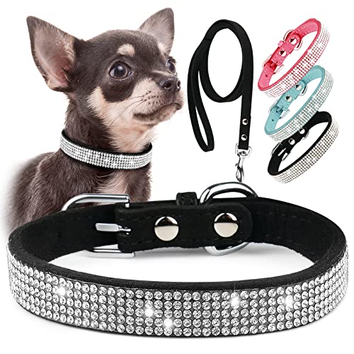 Epesiri Strass-Hundehalsband, glitzerndes Hundehalsband mit Leine, strapazierfähiges Leder, Welpenhalsband, Kristalldiamant-Haustierhalsband für XS, Schwarz von Epesiri