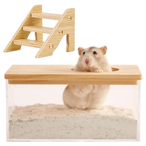 Epunk Hamster Sandbad mit Leiter Holz Meerschweinchen Haus Transparent Kleintier Sandbad Box Hamstertoilette für Mäuse Lemming Rennmäuse Kleine Anima von Epunk