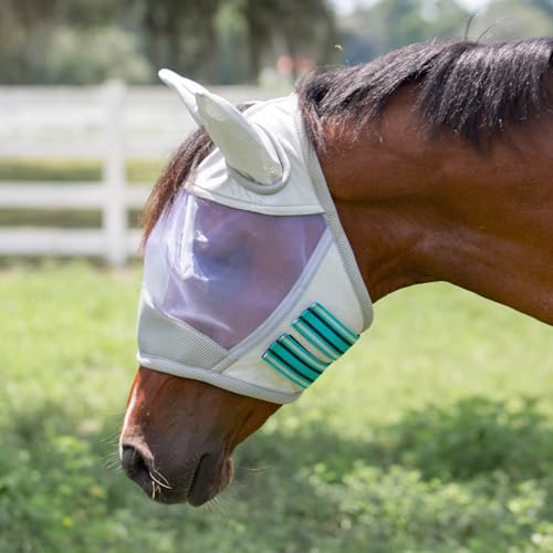 Equinavia Algard Fliegenmaske aus weichem Netzgewebe mit Ohrenschutz und 45 LSF | Keine Augenreizung - Silber/Türkis - Warmblut von Equinavia