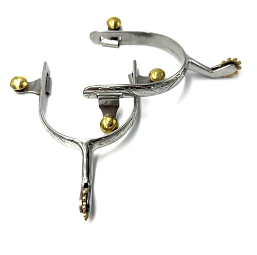 Equine Smile ES1057 Western Edelstahl Sporen Blattmuster mit Sonnenrad Kupfer Rowel Cowboy Reitsporen Pferdesporen rostfrei Pferde Boot Roper Spurs von Equine Smile