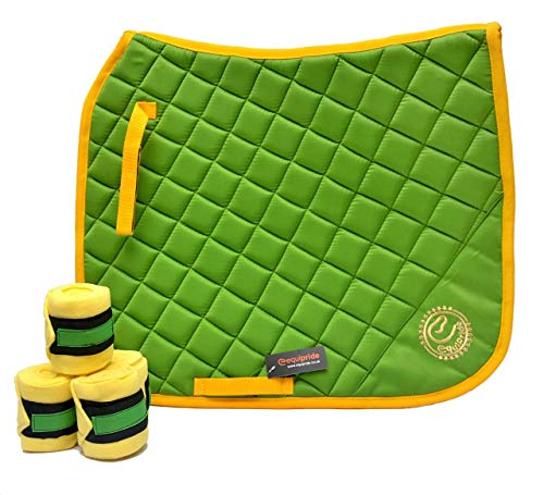 Equipride Dressurschabracken-Set mit passendem Fliegenschleier & Bandagen grün/gelb (Pony) von Equipride
