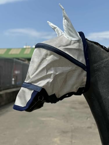 Fliegenmaske mit abnehmbarem Nasenschutz, UV-Schutz, Netzohren, Silber und Lavendel (Silber, Pony) von Equipride