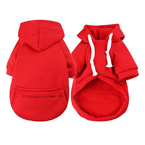 EraAja Haustier-Herbst- und Winter-Fleece-Taschen-Sweatshirt, einfarbige Oberteile, Haustiere, Katzen und Hunde, Hoodies, Reißverschluss, rot, warme Haustierkleidung Fleece Pullover Hund (RED, XS) von EraAja