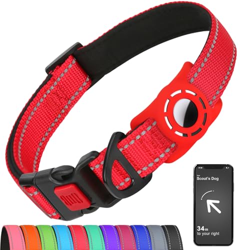 Erbine Airtag Hundehalsband für Welpen Hunde, Reflektierende Hundehalsbänder mit AirTag Halterung, Nylon Haustierhalsband Verstellbar für Alle Rassen, Rot von Erbine