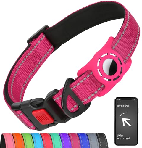 Erbine Airtag Hundehalsband mit AirTag-Halterung für große Hunde, reflektierend, weich gepolstert & Sicherheitsverriegelungsschnalle, Nylon-Haustierhalsbänder verstellbar für alle Rassen, Hotpink, XL von Erbine