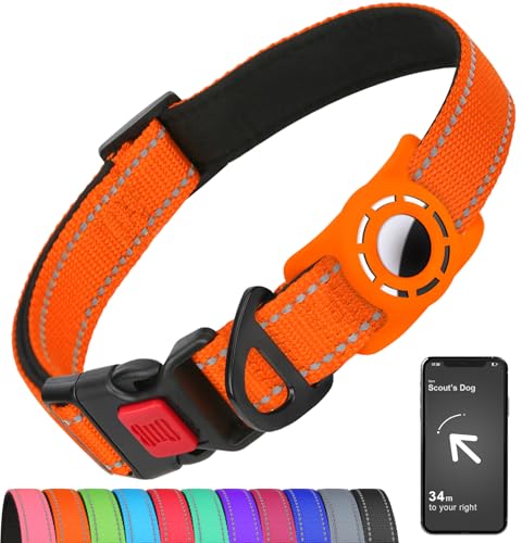 Erbine Airtag Hundehalsband mit AirTag-Halterung für große Hunde, reflektierend, weich gepolstert & Sicherheitsverriegelungsschnalle, Nylon-Haustierhalsbänder verstellbar für alle Rassen, Orange, XL von Erbine