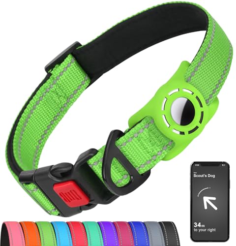 Erbine Airtag Hundehalsband mit AirTag-Halterung für große Hunde, reflektierend, weich gepolstert & Sicherheitsverriegelungsschnalle, Nylon-Haustierhalsbänder verstellbar für alle Rassen, Grün, XL von Erbine