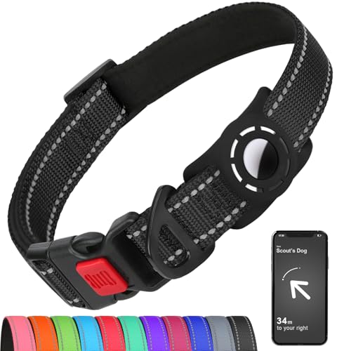Erbine Airtag Hundehalsband mit AirTag-Halterung für große Hunde, reflektierend, weich gepolstert & Sicherheitsverriegelungsschnalle, Nylon-Haustierhalsbänder verstellbar für alle Rassen, Schwarz, XL von Erbine