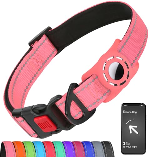 Erbine Airtag Hundehalsband mit AirTag-Halterung für große Hunde, reflektierend, weich gepolstert & Sicherheitsverriegelungsschnalle, Nylon-Haustierhalsbänder verstellbar für alle Rassen, Rosa, XL von Erbine