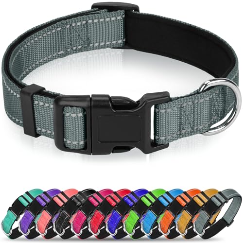 Erbine Reflektierendes Hundehalsband, weiches Neopren, gepolstertes Nylon, Haustierhalsband mit Schnellverschluss-Schnalle, verstellbar für große Hunde, Grau, L von Erbine