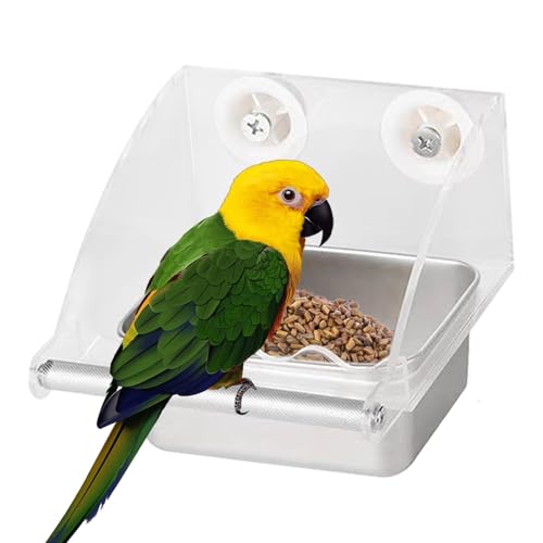 Erconsso Vogelkäfig-Futterstation – transparenter Vogelfutterspender, mit rutschfester Halterung, Edelstahlnapf für Kolibri, Lovebirds , Innen- und Garten von Erconsso