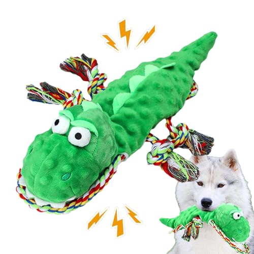 Erconsso Weiches Hundespielzeug | Interaktives Plüsch-Quietschspielzeug – geknoteter Beißring für Welpen, Dinosaurier-Form, interaktives Zerrspiel mit Stretch-Seil für drinnen und draußen von Erconsso