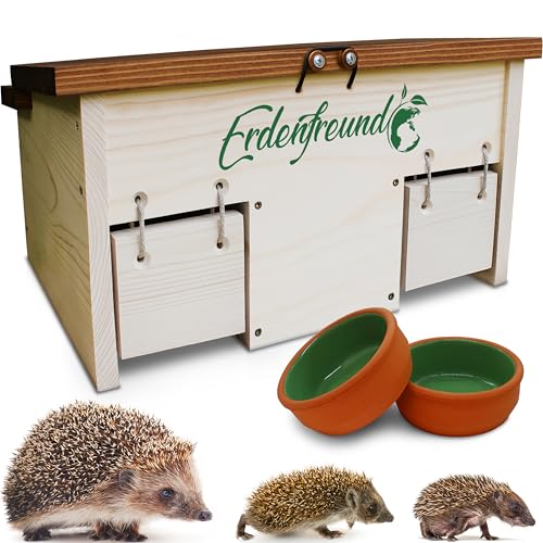 ERDENFREUND® Igelfutterhaus mit Rattenklappe + 2er Set Wasser- & Futternapf Igelhaus mit Rattenklappe artgerecht 2 Labyrinth Eingänge & Dachverschluss(Igelfutterhaus inkl. 2er Set Wasser-& Futternapf) von Erdenfreund