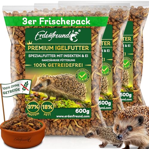 ERDENFREUND® Premium Igelfutter 100% getreidefrei 3x600g Ganzjahres-Alleinfutter für Igel vollwertig verdaulich Igelfutter mit Insekten nährstoffreich (3x600g Frischepacks = 1800g Premium Igelfutter) von Erdenfreund