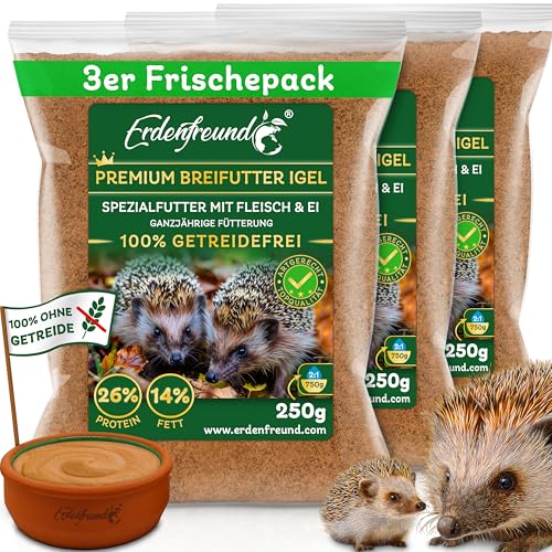 ERDENFREUND® Premium Igelfutterbrei 100% getreidefrei 3x250g Igelfutter mit Insekten, Fleisch & Ei Ganzjahres-Alleinfutter für Igel leicht verdaulich (3x250g Trockenbreifutter = 2250g Igel Nassfutter) von Erdenfreund