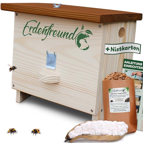 Erdenfreund® Hummelhaus mit Wachsmottenklappe und Räuberschutz Dachverschluss Hummelhotel + austauschbarer Nistkarton, Natur-Nistmaterial & Anleitung von Erdenfreund