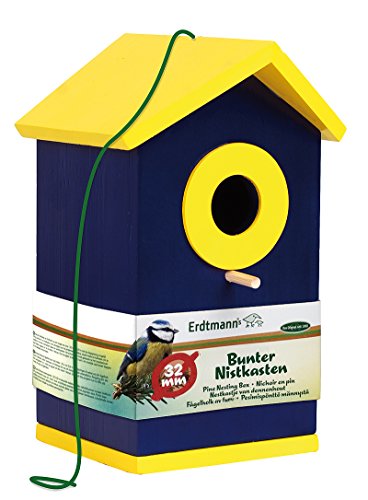 Erdtmanns Nistkasten mit Einflugloch – bunter Nistkasten für Wildvögel aus Holz – Vogelnistkasten mit Anflugstange – ideal für Meisen & Sperlinge – wetterfest für Garten (Blau, 32 mm Einflugloch) von Erdtmanns
