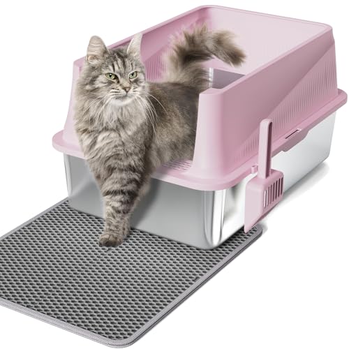 Erinaik Geschlossene Katzentoilette Edelstahl mit Deckel XL Extra Große Katzentoilette für Großkatzen Metall Katzentoilette Hochseitig (Rosa) von Erinaik
