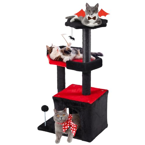 Erinnyees Gothic Katzenbaum, Schwarzer Katzenturm für Indoor-Kätzchen, 85,1 cm Kitty Condo mit Kratzbaum, Sargbett, kleiner Goth-Baum mit gruseligem Ball für Haustiere, Halloween von Erinnyees